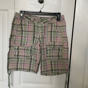 green and pink plaid capris